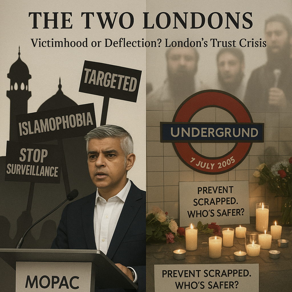 Split-frame showing Muslim protest imagery and London terror memorials—contrasting community grievance and radical threat exposure.
