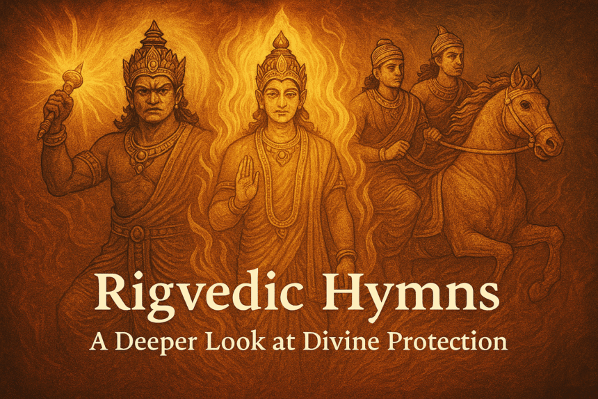 Image Aug 21, 2025, 09_26_00 PM Rigveda, Vedic deities, Agni, Indra, Ashvin Kumars, divine protection, Hinduism, fire god, vajra, sacred hymns, spiritual art