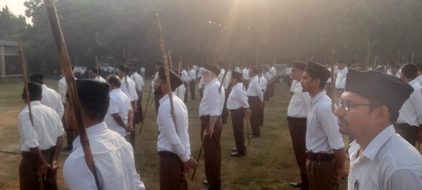 Morning shakha discipline: RSS swayamsevaks embodying unity and character training—the living foundation of गुणात्मक सुधार, Striving for Character Excellence