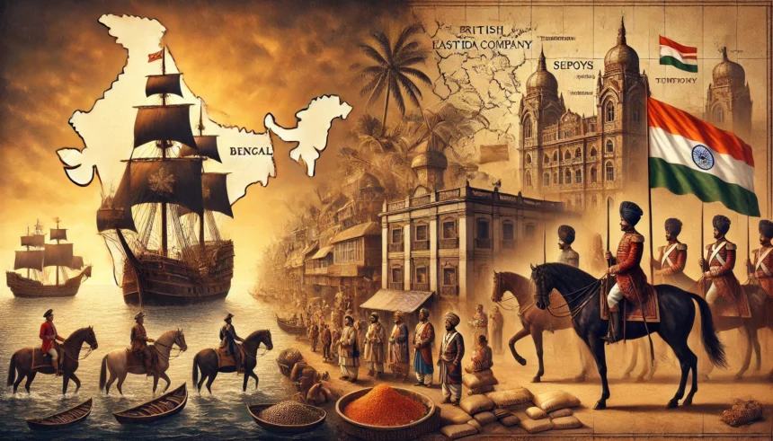 East India Company, British colonialism, India history, trading ships, Bengal, sepoys, British Empire, historical transformation, colonial power, spice trade, symbolic art, Mughal decline, Company rule, British officers, Indian port