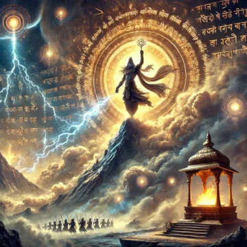 Indra, Vedic warrior, Rigveda, thunderbolt, Vajra, divine protector, spiritual defense, Sanskrit hymns, celestial power, ancient India, sacred fire, spiritual warfare, dharmic protection, mythological symbolism, Hindu deities