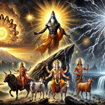 A majestic Vedic scene symbolizing the 'Rigvedic Liberation of Light'. In the center, Bṛhaspati, a radiant sage with a golden aura and glowing eyes, r Rigveda, Vedic art, Bṛhaspati, Indra, Uṣas, Vala, sacred light, Hindu symbolism, celestial cows, sunrise, dawn, Vedic hymns, Rigvedic Liberation, divine speech, breaking darkness, Indian mythology, epic digital painting, consciousness, spiritual awakening, dharma, thunderbolt, sound weapon