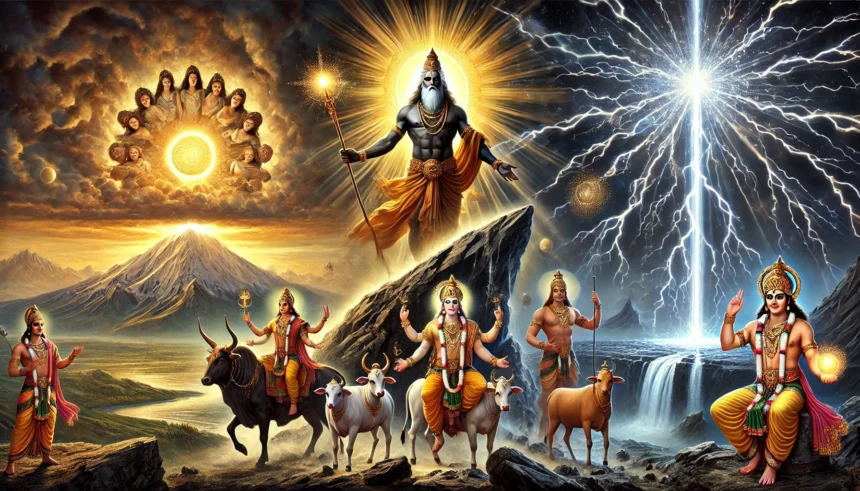 A majestic Vedic scene symbolizing the 'Rigvedic Liberation of Light'. In the center, Bṛhaspati, a radiant sage with a golden aura and glowing eyes, r Rigveda, Vedic art, Bṛhaspati, Indra, Uṣas, Vala, sacred light, Hindu symbolism, celestial cows, sunrise, dawn, Vedic hymns, Rigvedic Liberation, divine speech, breaking darkness, Indian mythology, epic digital painting, consciousness, spiritual awakening, dharma, thunderbolt, sound weapon