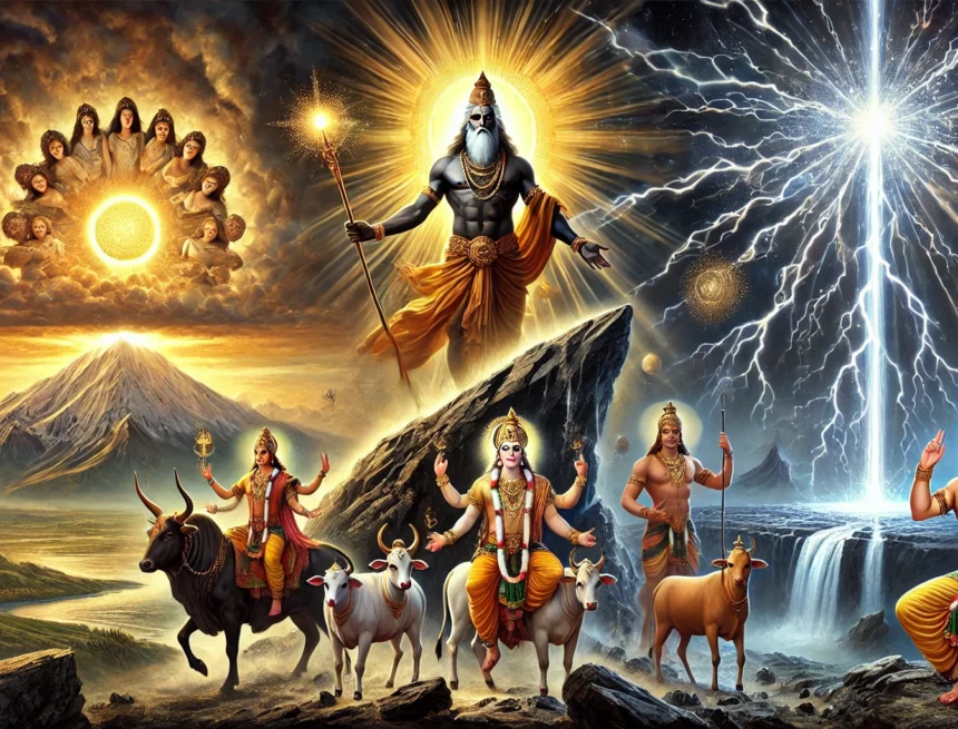 A majestic Vedic scene symbolizing the 'Rigvedic Liberation of Light'. In the center, Bṛhaspati, a radiant sage with a golden aura and glowing eyes, r Rigveda, Vedic art, Bṛhaspati, Indra, Uṣas, Vala, sacred light, Hindu symbolism, celestial cows, sunrise, dawn, Vedic hymns, Rigvedic Liberation, divine speech, breaking darkness, Indian mythology, epic digital painting, consciousness, spiritual awakening, dharma, thunderbolt, sound weapon