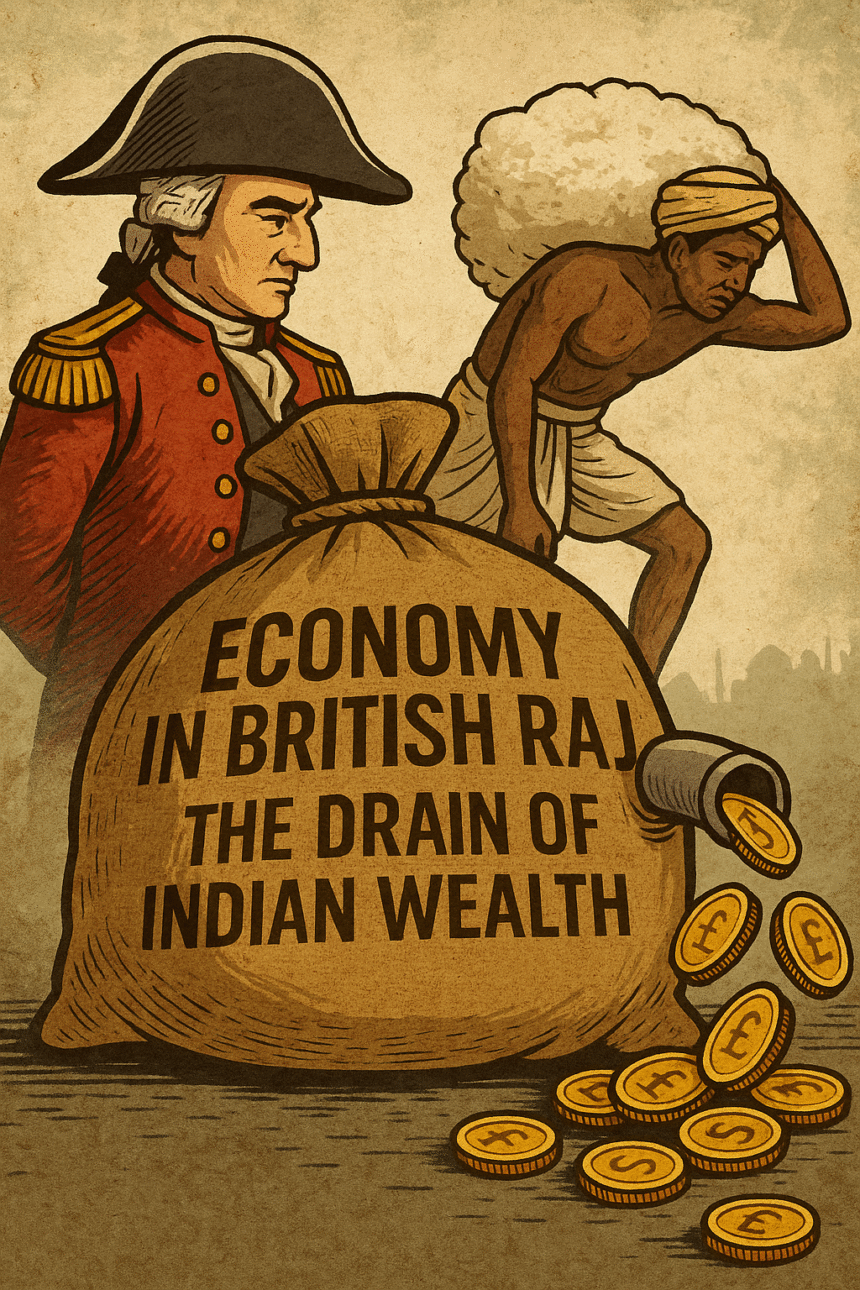 British Raj, colonial economy, economic drain, India wealth, exploitation, East India Company, historical illustration, colonialism, Indian history, HinduinfoPedia, Economy in British Raj