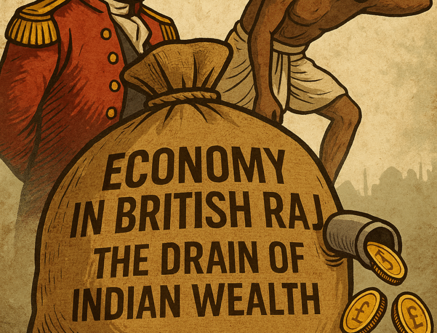 Image Oct 11, 2025, 08_54_09 AM British Raj, colonial economy, economic drain, India wealth, exploitation, East India Company, historical illustration, colonialism, Indian history, HinduinfoPedia, Economy in British Raj