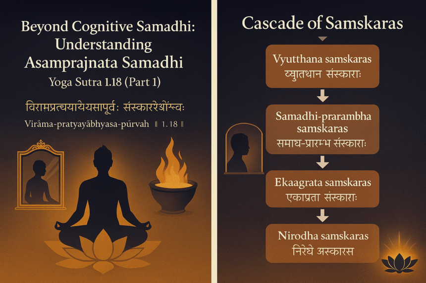 Patanjali Yoga Sutra 1.19 HinduinfoPedia Yoga Sutra, Patanjali, Asamprajnata Samadhi, Samprajnata Samadhi, Meditation, Consciousness, Vrittis, Samadhi Stages, Sanskrit Philosophy, Hindu Philosophy, Yoga Infographic, Spiritual Illustration, Yogic Psychology, Para Vairagya, Hinduism, Mindfulness, Nirodha, Kaivalya, Yoga Philosophy, Vedantic Art