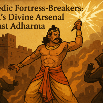 Indra, Rigveda, Vedic art, Hindu mythology, vajra, Adharma, fortress, divine justice, dharma, Hinduinfopedia, Vedic defense, ancient India, thunderbolt, Rigvedic hymns, epic illustration