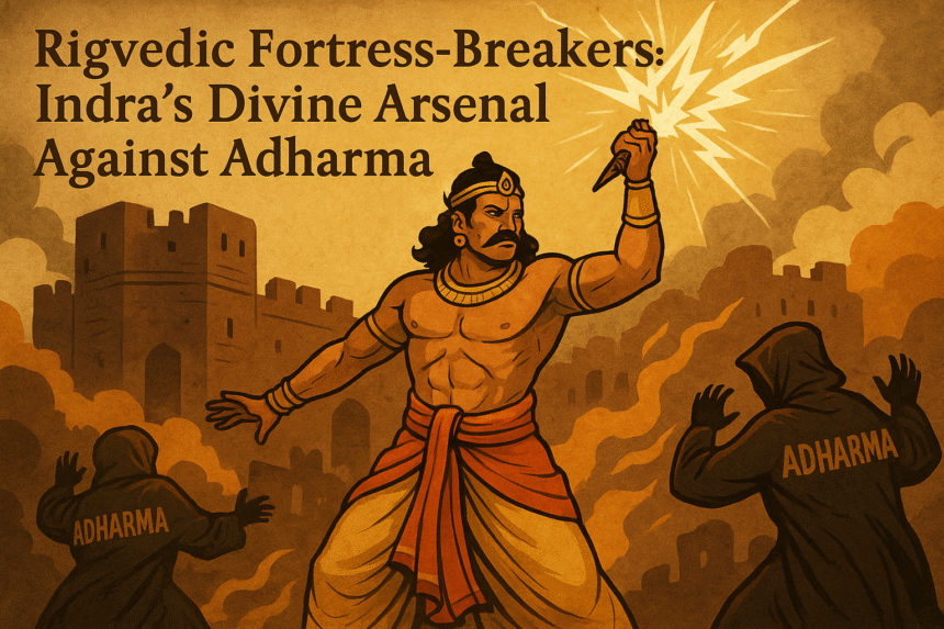 Rigvedic fortress-breakers from Indras devine arsenal Indra, Rigveda, Vedic art, Hindu mythology, vajra, Adharma, fortress, divine justice, dharma, Hinduinfopedia, Vedic defense, ancient India, thunderbolt, Rigvedic hymns, epic illustration