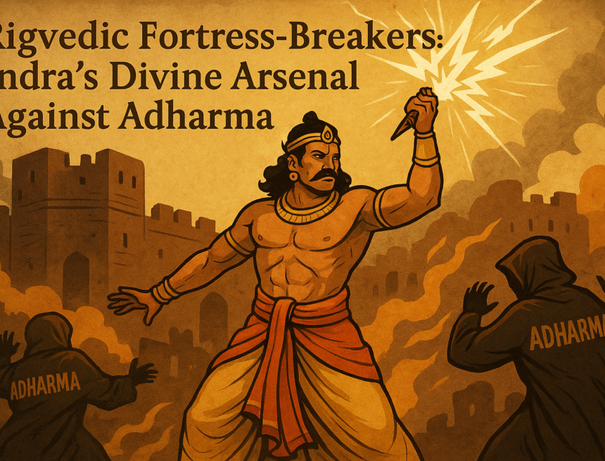 Rigvedic fortress-breakers from Indras devine arsenal Indra, Rigveda, Vedic art, Hindu mythology, vajra, Adharma, fortress, divine justice, dharma, Hinduinfopedia, Vedic defense, ancient India, thunderbolt, Rigvedic hymns, epic illustration