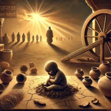potter's workshop, clay child, broken tools, unused wheel, raw clay, symbolic human development, traditional India, guru departure, cracked pots, RSS inspiration, cultural decay, sunset symbolism, Hindu values, character shaping, broken system, Devanagari text, philosophical art, earthy palette, sculpture metaphor, incomplete growth