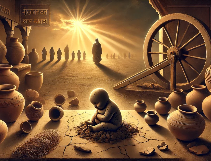 a symbolic digital artwork showing a traditional Indian potter's workshop where a potter's wheel sits still and unused. In the center, a lump o potter's workshop, clay child, broken tools, unused wheel, raw clay, symbolic human development, traditional India, guru departure, cracked pots, RSS inspiration, cultural decay, sunset symbolism, Hindu values, character shaping, broken system, Devanagari text, philosophical art, earthy palette, sculpture metaphor, incomplete growth