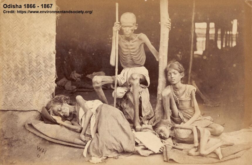 Odisha Famine, 1866 famine, British Raj, starvation, colonial history, Indian famines, humanitarian crisis, historical photo, famine victims, British exploitation, Odisha history, HinduinfoPedia