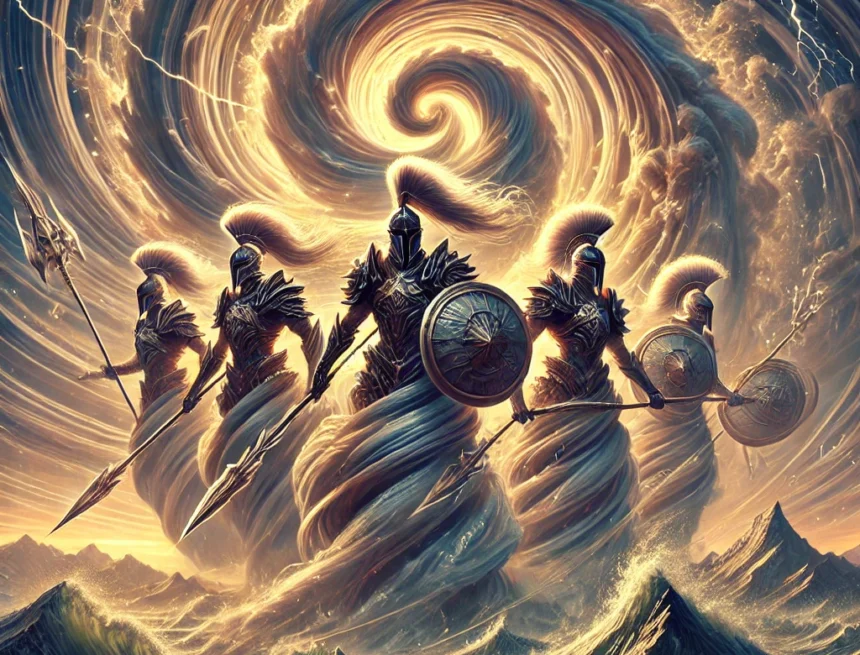 A powerful square-format digital illustration depicting the Maruts as an abstract celestial storm‑host. Present them as youthful, armored warriors for Maruts, Vedic storm warriors, Rigveda imagery, celestial war host, storm vortex, elemental warriors, mythic defense, Vedic aesthetics, digital illustration, storm energy, divine protection, martial symbolism, swirling clouds, lightning warriors