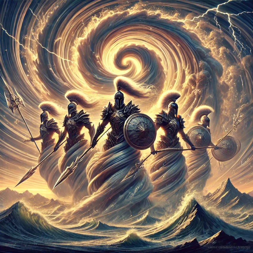 Maruts, Vedic storm warriors, Rigveda imagery, celestial war host, storm vortex, elemental warriors, mythic defense, Vedic aesthetics, digital illustration, storm energy, divine protection, martial symbolism, swirling clouds, lightning warriors