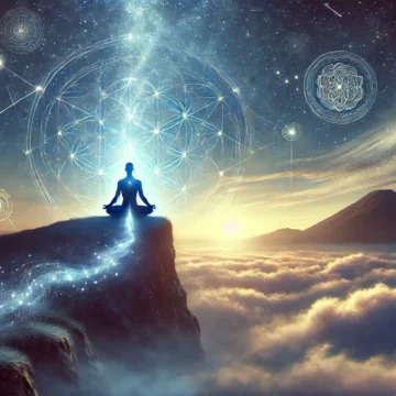 yoga, samadhi, meditation, yogi, twilight, spiritual, transcendence, Mount Meru, cosmic, aura, cliff, dhyana, consciousness, Patanjali, kundalini, subtle energy, mysticism, sky, celestial, Hindu philosophy, Beyond Liberation