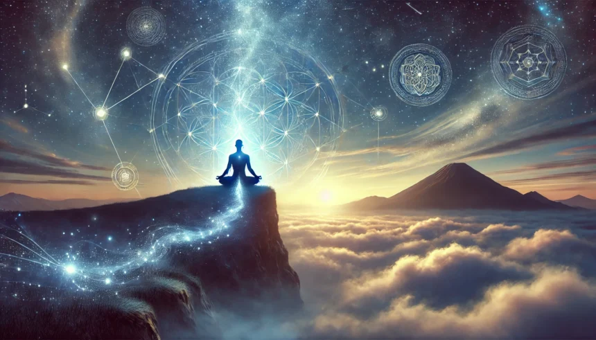 yoga, samadhi, meditation, yogi, twilight, spiritual, transcendence, Mount Meru, cosmic, aura, cliff, dhyana, consciousness, Patanjali, kundalini, subtle energy, mysticism, sky, celestial, Hindu philosophy, Beyond Liberation