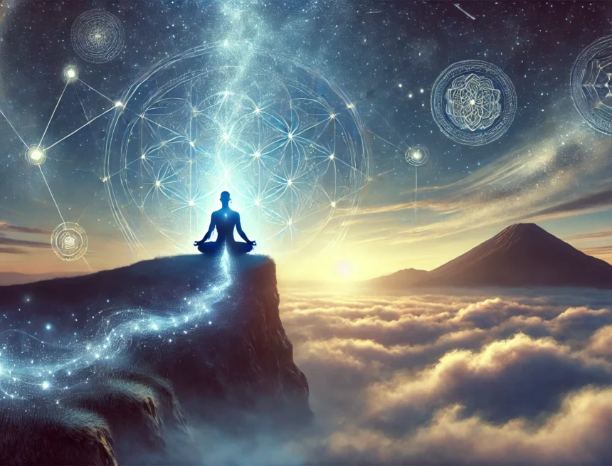 A serene digital artwork depicting a yogi meditating at the edge of a cliff during twilight, with cosmic patterns and constellations subtly glowing in yoga, samadhi, meditation, yogi, twilight, spiritual, transcendence, Mount Meru, cosmic, aura, cliff, dhyana, consciousness, Patanjali, kundalini, subtle energy, mysticism, sky, celestial, Hindu philosophy, Beyond Liberation