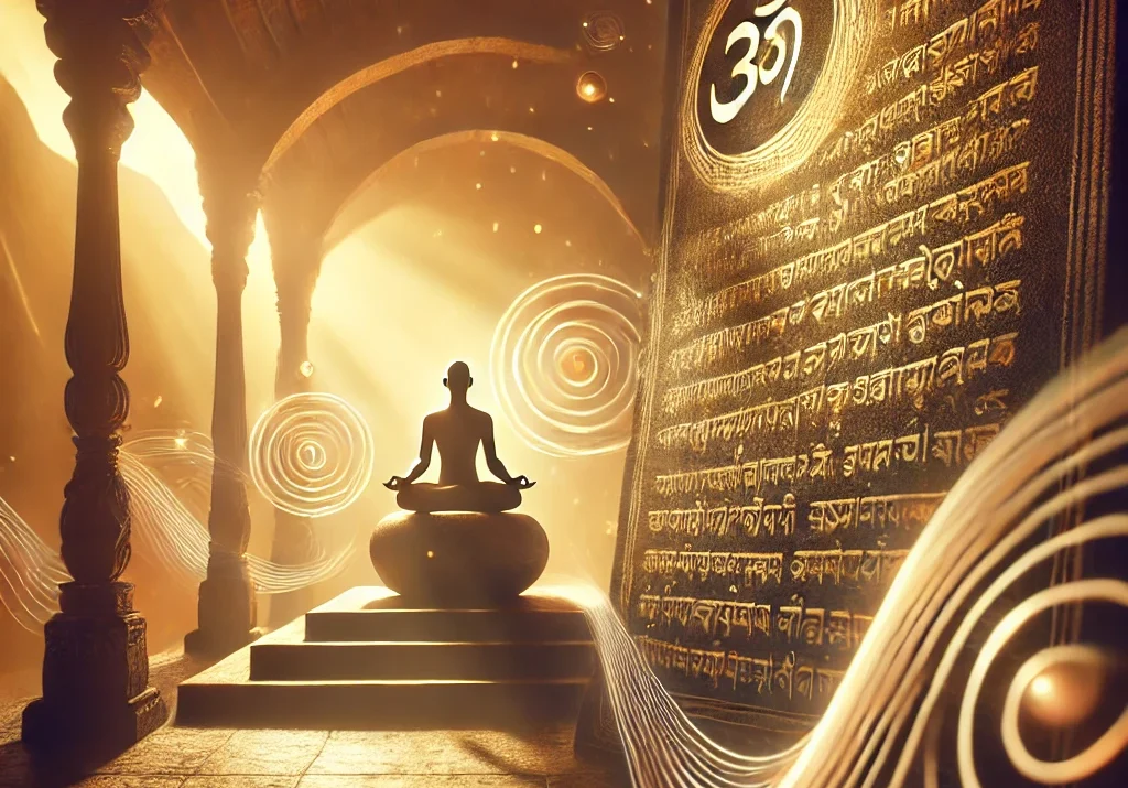 yoga, Patanjali, Yoga Sutras, meditation, spiritual illustration, Sanskrit symbolism, yogic philosophy, golden light, ancient temple, samadhi, enlightenment theme, yogic energy, mystical atmosphere, contemplative art, spiritual study