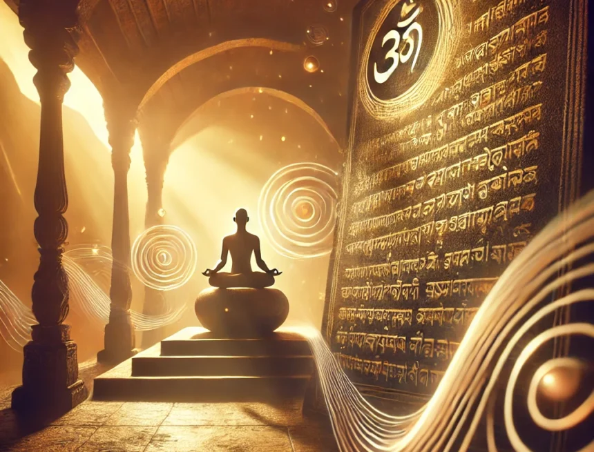 A serene, high-resolution digital illustration for a blog feature on Patanjali’s Yoga Sutra glossary. Depicts an ancient yet timeless yogic setting_ a yoga, Patanjali, Yoga Sutras, meditation, spiritual illustration, Sanskrit symbolism, yogic philosophy, golden light, ancient temple, samadhi, enlightenment theme, yogic energy, mystical atmosphere, contemplative art, spiritual study