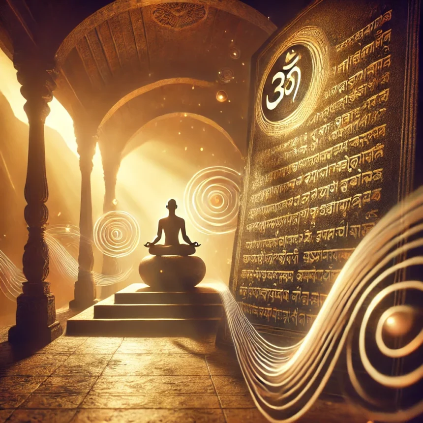yoga, Patanjali, Yoga Sutras, meditation, spiritual illustration, Sanskrit symbolism, yogic philosophy, golden light, ancient temple, samadhi, enlightenment theme, yogic energy, mystical atmosphere, contemplative art, spiritual study