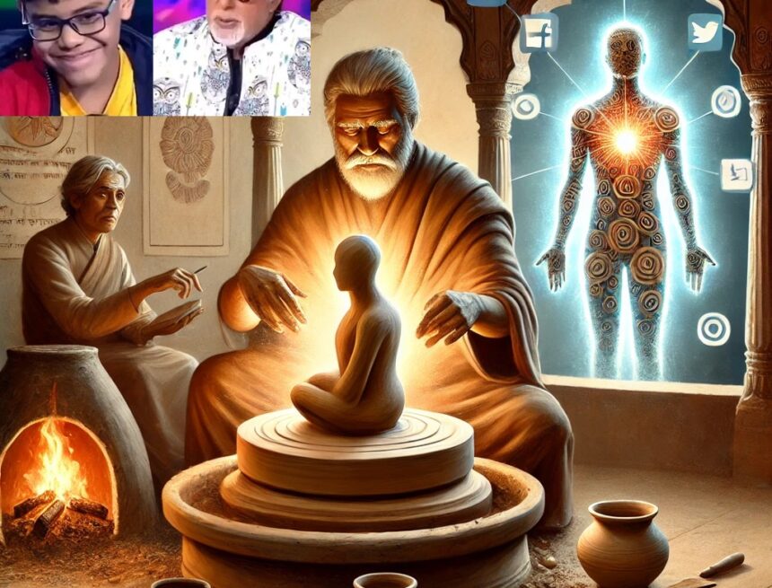 A symbolic digital painting of a traditional Indian guru shaping a glowing, human-shaped figure from raw clay on a potter’s wheel. The guru is calm an guru, disciple, digital transformation, Indian philosophy, clay sculpture, social media, spiritual awakening, KBC, Amitabh Bachchan, mentorship, guru-shishya tradition, glowing figure, symbolic art, futuristic spirituality, potter's wheel, ancient-modern fusion, Indian culture, consciousness, teacher and student, traditional knowledge, KBC Guru to Guide