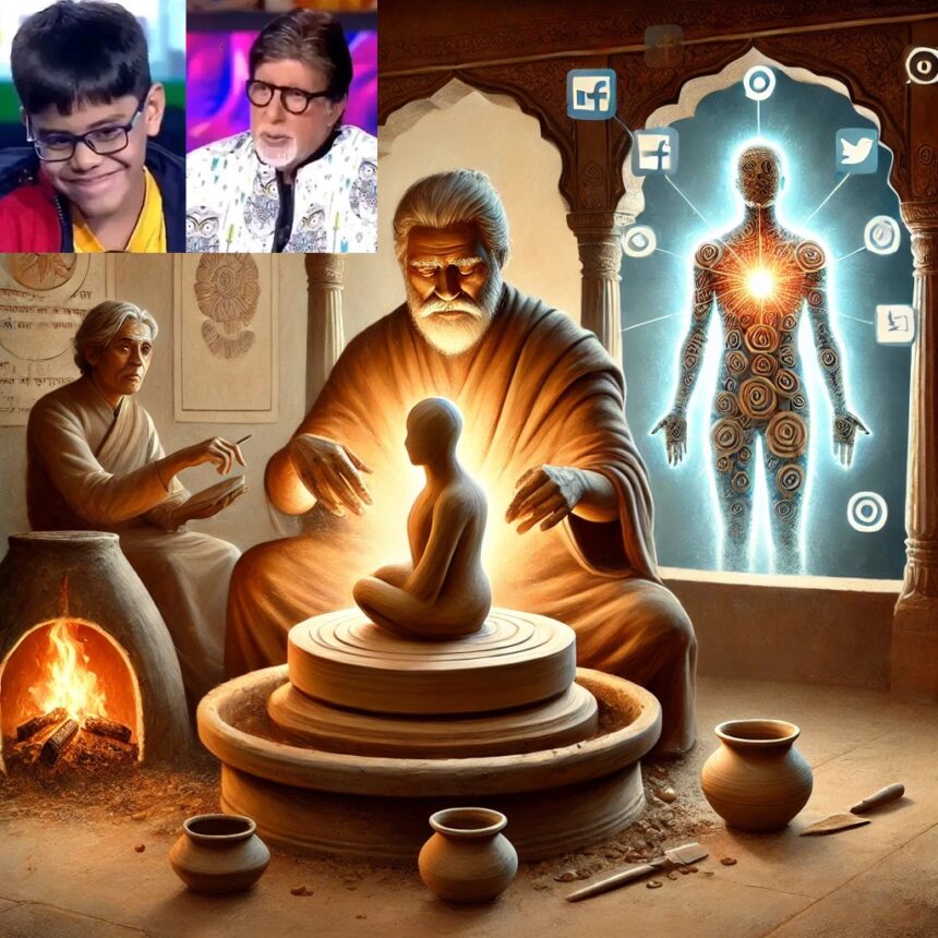guru, disciple, digital transformation, Indian philosophy, clay sculpture, social media, spiritual awakening, KBC, Amitabh Bachchan, mentorship, guru-shishya tradition, glowing figure, symbolic art, futuristic spirituality, potter's wheel, ancient-modern fusion, Indian culture, consciousness, teacher and student, traditional knowledge, KBC Guru to Guide