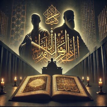 religious authority, Islamic law, obedience, scripture and power, authority paradox, theology and law, symbolic illustration, ancient texts, modern implications, ideological control, jurisprudence, belief and authority, इस्लामी सत्ता का विरोधाभास