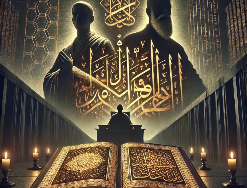 religious authority, Islamic law, obedience, scripture and power, authority paradox, theology and law, symbolic illustration, ancient texts, modern implications, ideological control, jurisprudence, belief and authority, इस्लामी सत्ता का विरोधाभास