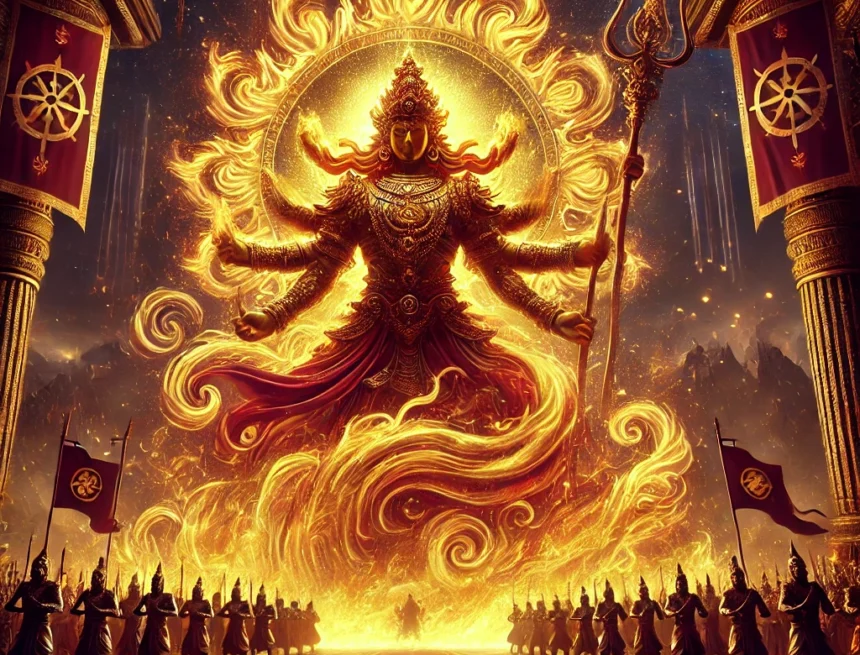 fire deity, sacred fire, Vedic imagery, cosmic battlefield, warriors, golden flames, martial symbolism, divine commander, spiritual energy, epic illustration, glowing altar, disciplined troops, fiery aura, mythic atmosphere, strategic power, Rigvedic Fire-General