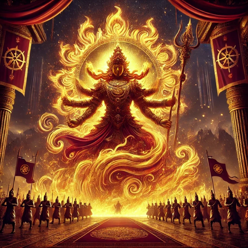 A powerful digital feature image depicting the Rigvedic Fire-Commander Agni in his martial aspect_ a towering figure of sacred fire rising from a ritu fire deity, sacred fire, Vedic imagery, cosmic battlefield, warriors, golden flames, martial symbolism, divine commander, spiritual energy, epic illustration, glowing altar, disciplined troops, fiery aura, mythic atmosphere, strategic power, Rigvedic Fire-General