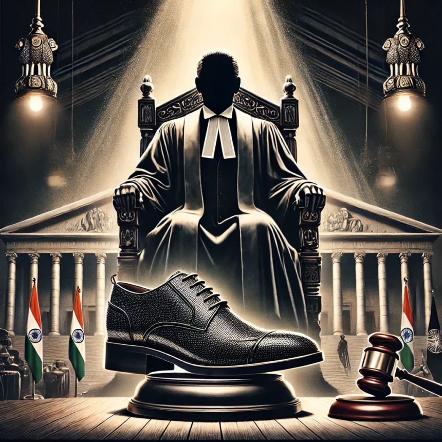 A powerful square feature image for a blog showing a symbolic, non-identifiable Supreme Court judge seated high above the courtroom, emphasizing autho Supreme Court, judiciary, judicial power, luxury and privilege, expensive shoes symbolism, authority above law, moral contrast, judicial ethics, constitutional values, investigative journalism, rule of law, power and accountability