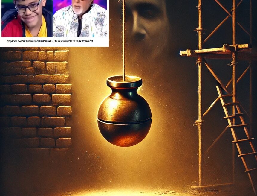 sahool, plumb bob, symbolism, construction metaphor, moral decay, imbalance, dusty atmosphere, glowing brass, scaffold, brick wall, cinematic lighting, sepia tones, ethics, traditional tools, philosophy, societal collapse, introspection, KBC and the Plumb Line