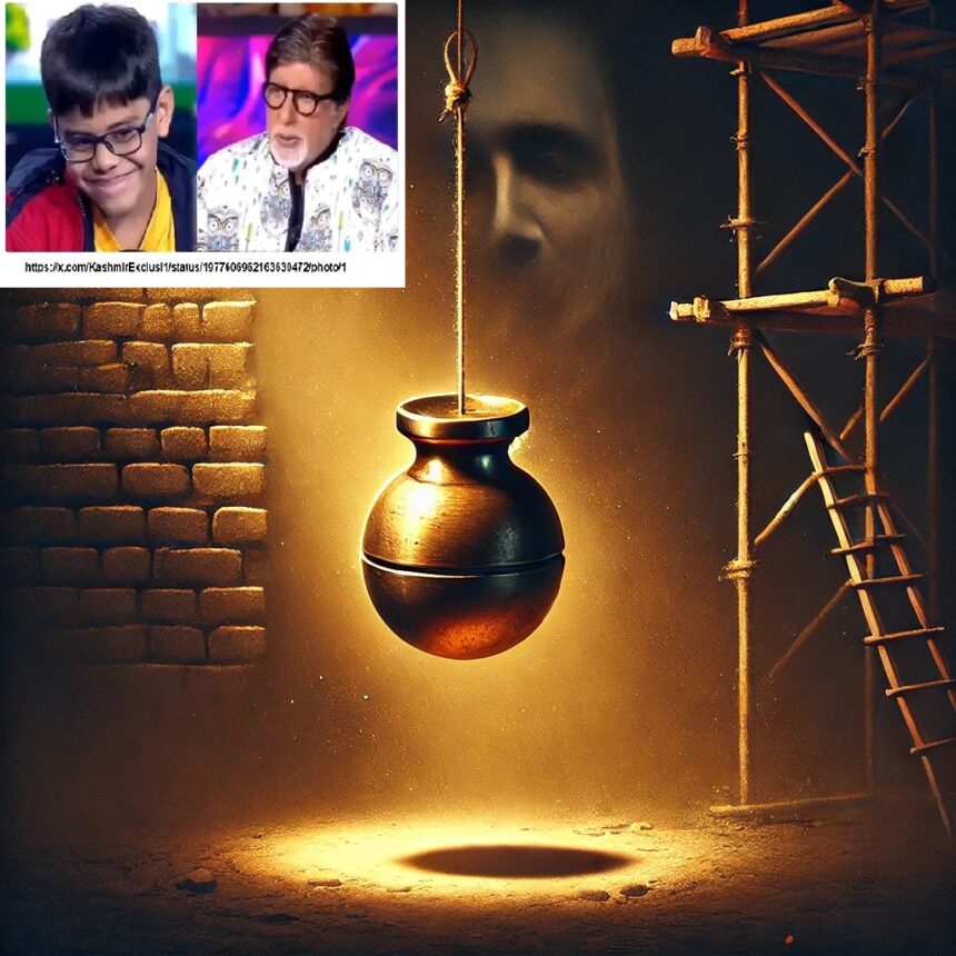A powerful symbolic digital illustration titled “Sahool ki Anupasthiti”_ a slightly tarnished brass plumb‑bob hanging from a thin thread at the center sahool, plumb bob, symbolism, construction metaphor, moral decay, imbalance, dusty atmosphere, glowing brass, scaffold, brick wall, cinematic lighting, sepia tones, ethics, traditional tools, philosophy, societal collapse, introspection, KBC and the Plumb Line