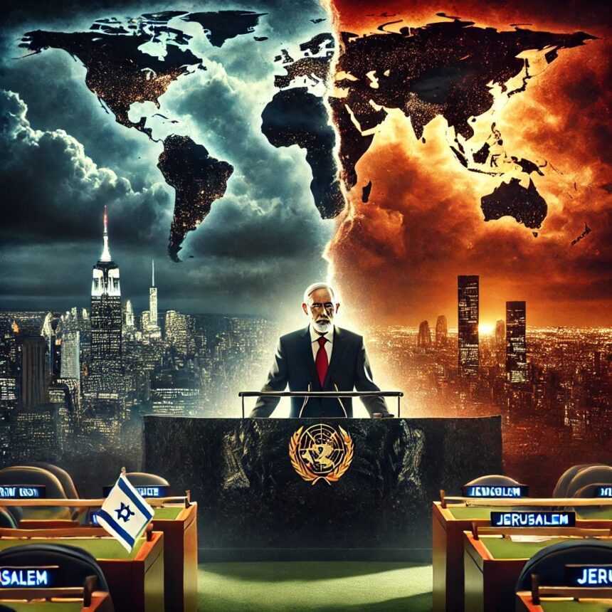 A cinematic editorial illustration of a senior statesman resembling an Israeli prime minister speaking at the United Nations General Assembly podium. Netanyahu UN speech, two-state solution, Israel Hamas conflict, UN General Assembly, terrorism analogy, October 7 attack, geopolitical conflict, global security, Middle East crisis, Israeli leadership, moral clarity, international diplomacy, अल-क़ायदा उपमा