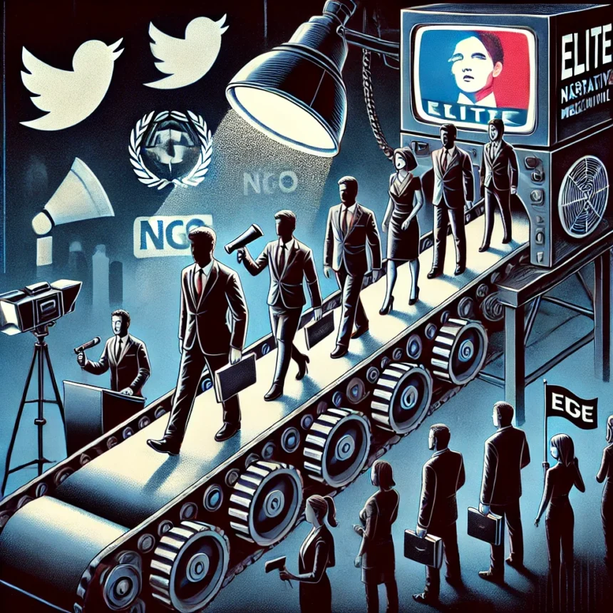 A powerful digital illustration symbolizing elite narrative manufacturing and controlled dissent in modern politics. Central imagery shows a conveyor- Indo Kids, narrative shaping, political rebranding, elite power, manufactured dissent, media manipulation, NGOs, dynastic politics, controlled activism, ideological warfare, political analysis, propaganda machinery
