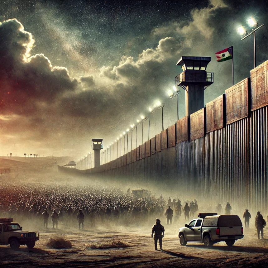 A powerful editorial digital illustration symbolizing geopolitical truth and historical consequence_ a massive steel border wall dominating the foregr Gaza war, geopolitics, border wall, Middle East conflict, refugee crisis, political analysis, displacement, national security, historical consequences, international relations, power and borders, global politics, ट्रम्प के ग़ाज़ा प्रस्ताव