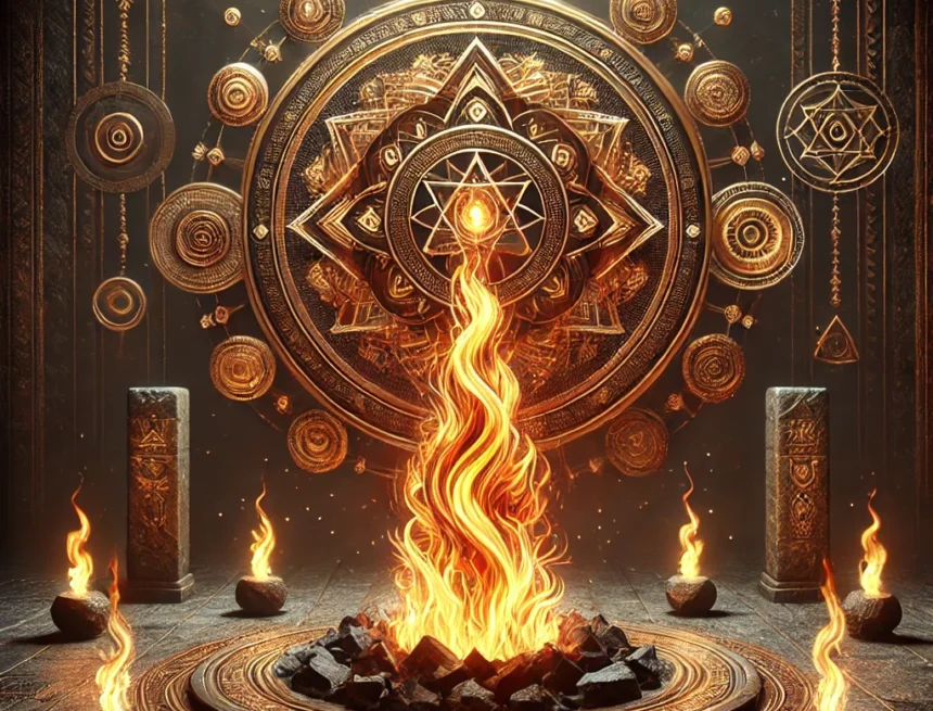 Agni, Rigveda, Vedic philosophy, inner fire, sacred defense, dharma, ritual symbolism, Hindu civilization, cosmic order, spiritual warfare, Vedic imagery, inner discipline, sacred fire