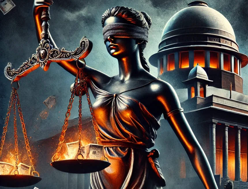 judicial corruption, Indian judiciary, institutional failure, Lady Justice, rule of law, judicial accountability, Supreme Court India, legal crisis, corruption symbolism, justice system, constitutional failure, dharma versus law, court ethics, judicial reform, HinduinfoPedia, Institutional Corruption in Indian Judiciary
