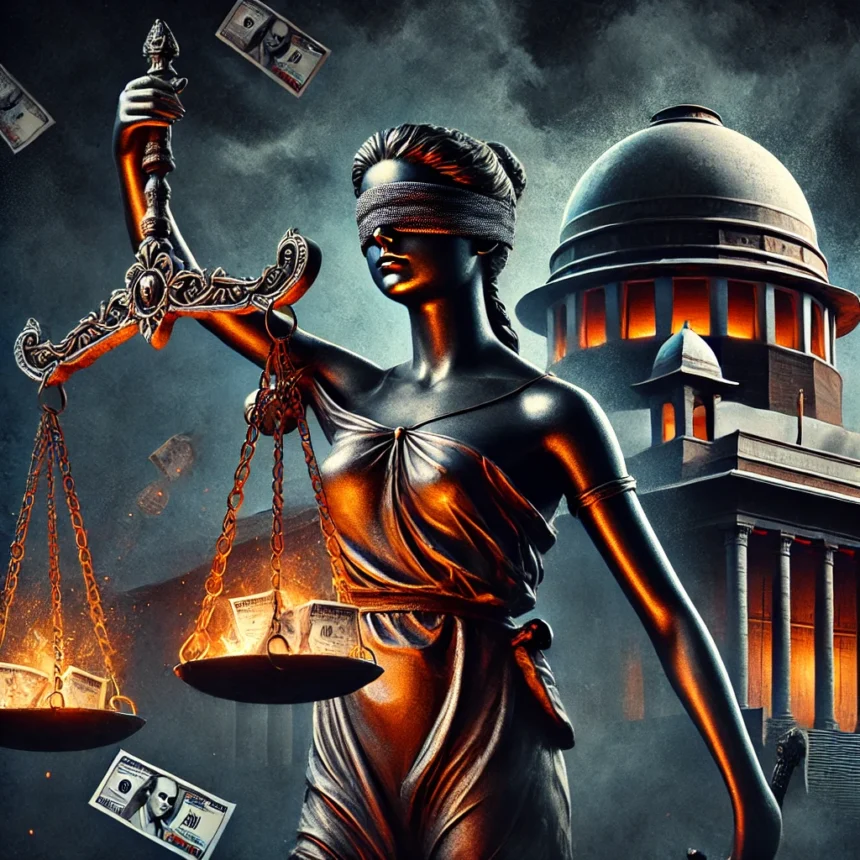 judicial corruption, Indian judiciary, institutional failure, Lady Justice, rule of law, judicial accountability, Supreme Court India, legal crisis, corruption symbolism, justice system, constitutional failure, dharma versus law, court ethics, judicial reform, HinduinfoPedia, Institutional Corruption in Indian Judiciary