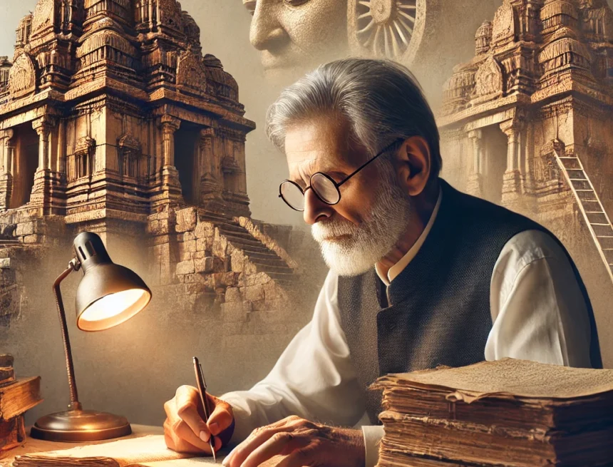 DALL·E 2026-01-30 09.57.28 - A serious, scholarly digital illustration for a history blog feature. An elderly Indian historian writing at a desk piled with old manuscripts and boo Indian history, historiography, historical analysis, ancient temples, civilizational memory, scholarly research, narrative framing, cultural heritage, history writing
