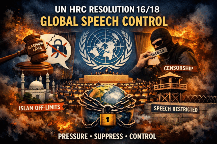 UN Human Rights Council, Resolution 16/18, global censorship, free speech suppression, blasphemy laws, international law, religious sensitivity, speech control, constitutional conflict, global governance