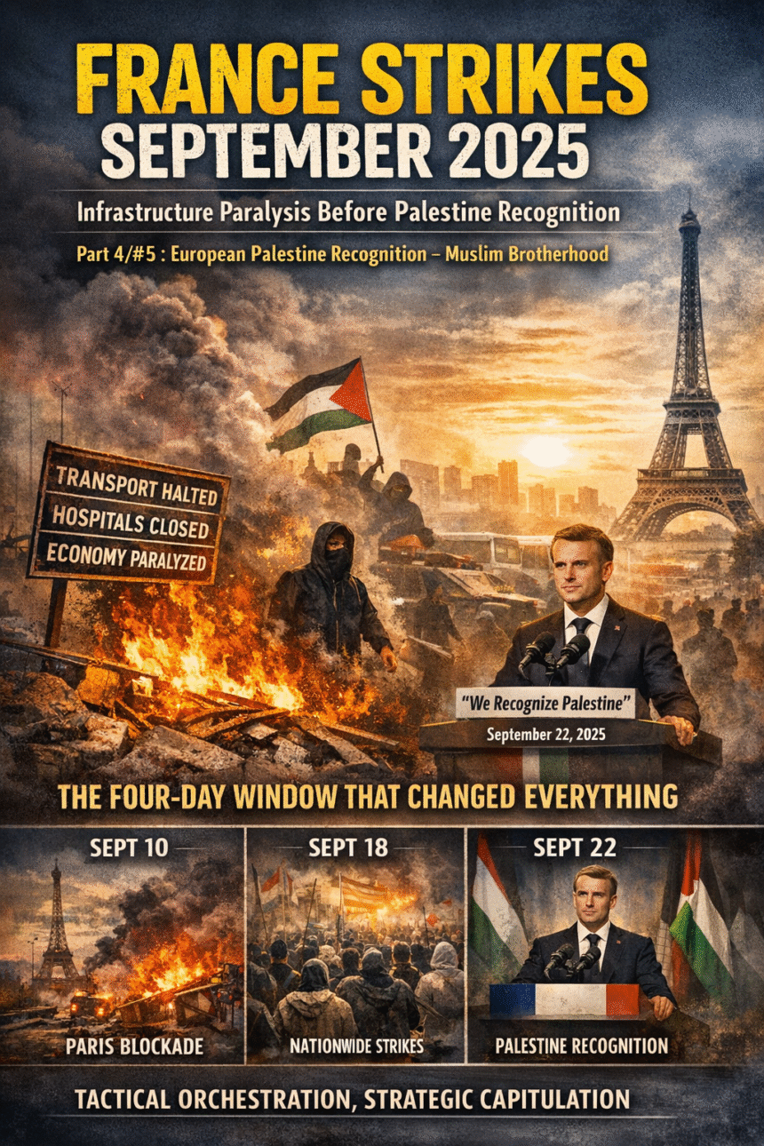 France strikes 2025, Paris unrest, infrastructure paralysis, nationwide strikes France, Palestine recognition, Macron announcement, political pressure, hybrid warfare, demographic pressure, European unrest, media manipulation, strategic capitulation, protest escalation, critical infrastructure disruption, फ्रांस स्ट्राइक्स सितंबर 2025