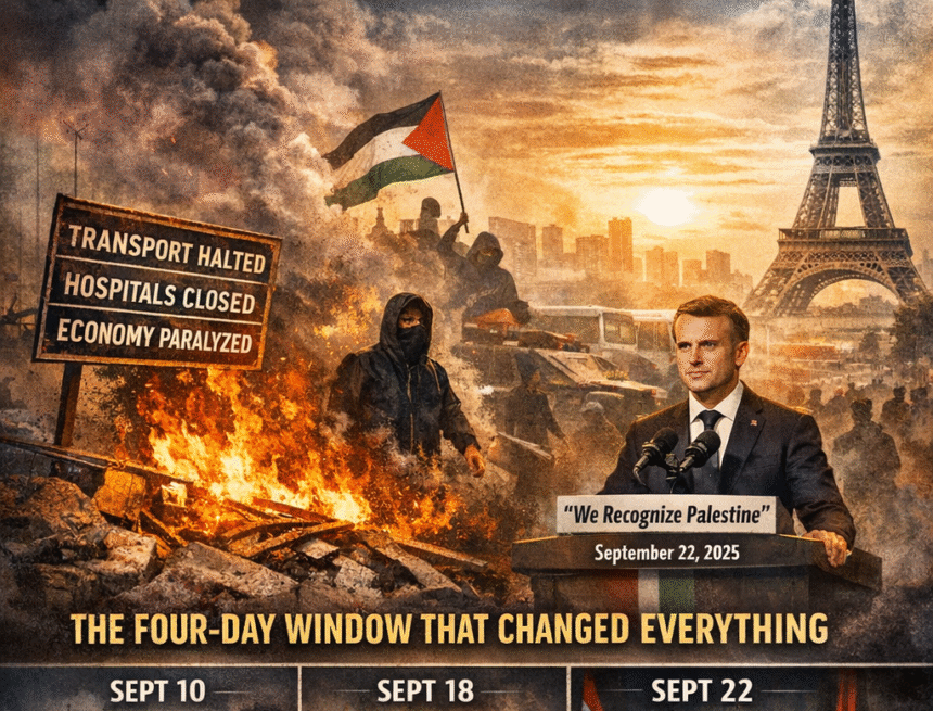 France strikes 2025, Paris unrest, infrastructure paralysis, nationwide strikes France, Palestine recognition, Macron announcement, political pressure, hybrid warfare, demographic pressure, European unrest, media manipulation, strategic capitulation, protest escalation, critical infrastructure disruption, फ्रांस स्ट्राइक्स सितंबर 2025