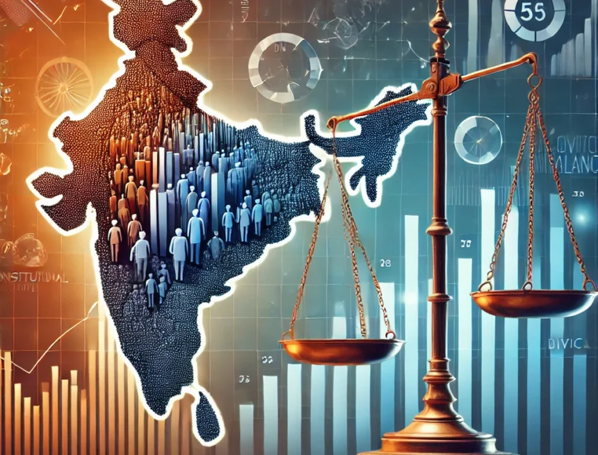 constitutional governance, civic balance, demographic analysis, India map, electoral trends, data visualization, political study, justice scale, social dynamics, policy discussion, स्थानीय जनसंख्या बदलाव विश्लेषण