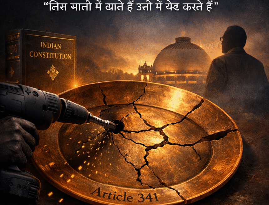 Buddhist Reservation Paradox, Article 341, Indian Constitution, cracked bronze plate, political symbolism, Deekshabhoomi, Ambedkar silhouette, reservation debate, constitutional conflict, social justice discourse, civilizational metaphor, Hindi proverb symbolism, बौद्ध आरक्षण विरोधाभास