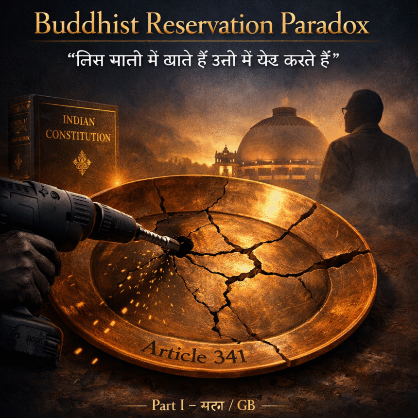 Buddhist Reservation Paradox, Article 341, Indian Constitution, cracked bronze plate, political symbolism, Deekshabhoomi, Ambedkar silhouette, reservation debate, constitutional conflict, social justice discourse, civilizational metaphor, Hindi proverb symbolism, बौद्ध आरक्षण विरोधाभास