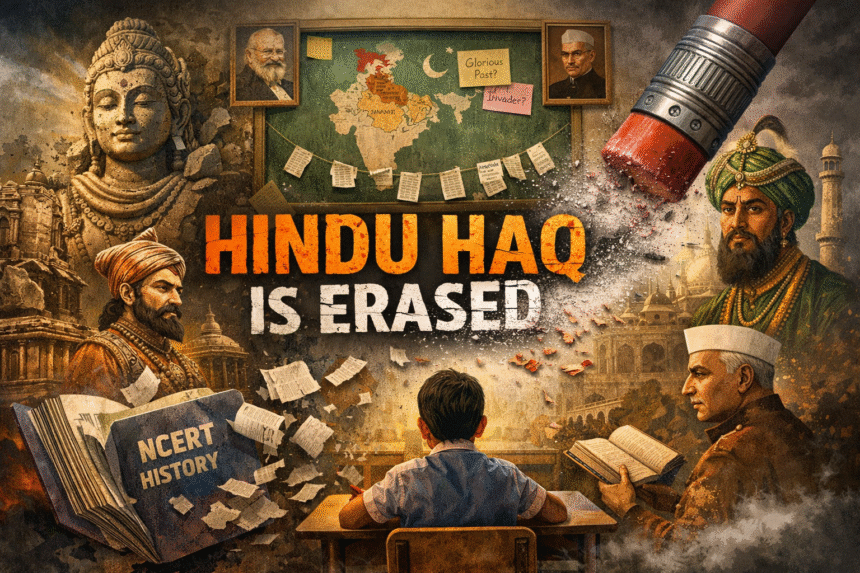 Hindu Haq 4 Hinduinfopedia NCERT textbook, Indian history education, civilizational narrative, Gupta Empire scholar, Mughal emperor throne, classroom symbolism, historical memory, Aurangzeb debate, Shivaji representation, educational conditioning, India map chalkboard, narrative contrast digital art, Haq Film Sparks Query