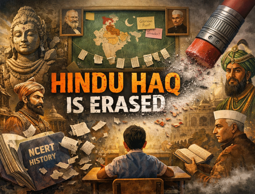 NCERT textbook, Indian history education, civilizational narrative, Gupta Empire scholar, Mughal emperor throne, classroom symbolism, historical memory, Aurangzeb debate, Shivaji representation, educational conditioning, India map chalkboard, narrative contrast digital art, Haq Film Sparks Query