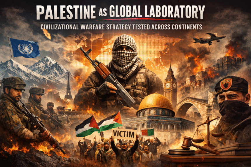 Palestine, Kosovo, Kashmir, civilizational warfare, geopolitical strategy, global conflict patterns, demographic warfare, lawfare, narrative warfare, UN politics, international institutions, territorial conflict, ideological warfare, strategic maps, फिलिस्तीन की वैश्विक प्रयोगशाला